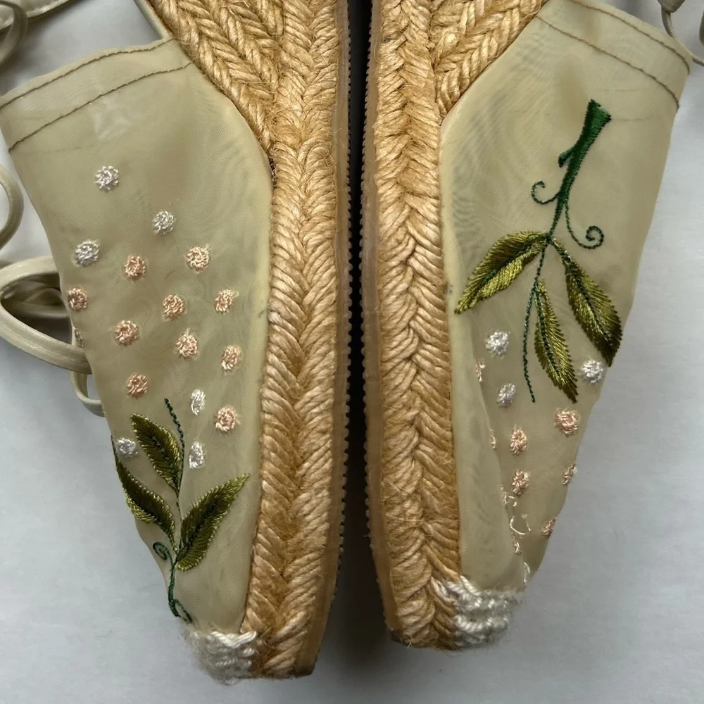 Simard embroidered Floral Ankle Tie Platform Espadrille Shoes Size 36